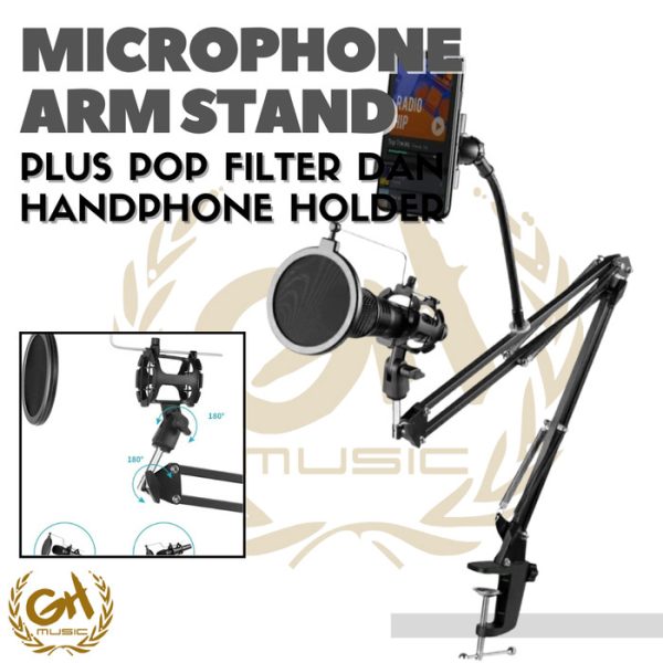 MICROPHONE ARM STAND PLUS POP FILTER DAN HANDPHONE HOLDER PODCAST ZOOM